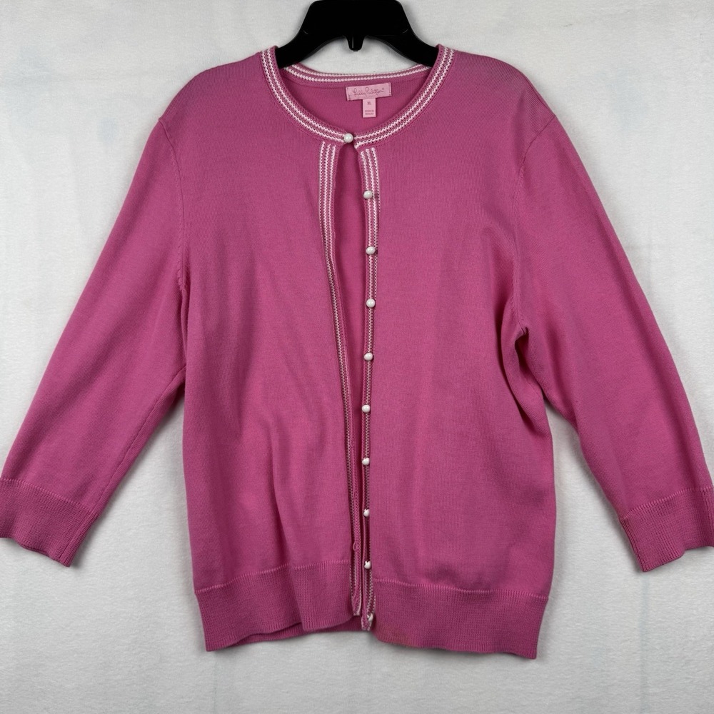 Lilly Pulitzer‎ Womens Cardigan XL Pink Pearl Buttons Sweater